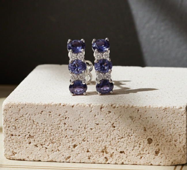 Tanzanite Drop Stud Earrings Solid Sterling Silver 925 Hallmark
