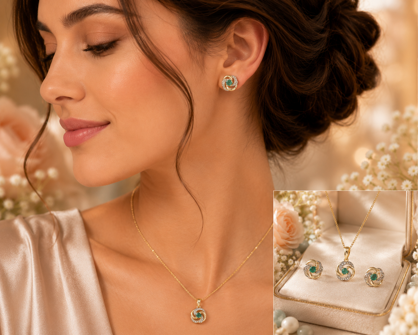 Luxury Emerald Swirl Jewellery Set – Perfect Gift for Her - Solid Yellow Gold