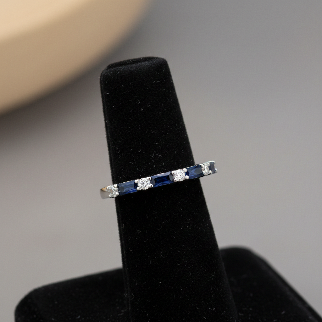 18ct Gold Sapphire Baguette Eternity Ring Band on Solid Silver 925 Size K-S