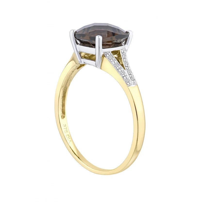 Cushion Cut Smoky Quartz & Diamond Split Shank Ring Solid Yellow Gold Size J - P