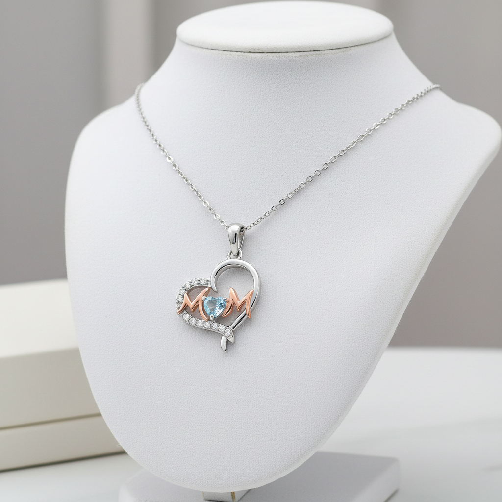 Aquamarine Mum Heart Pendant Solid Sterling Silver 925 Hallmark Rose Gold Detail