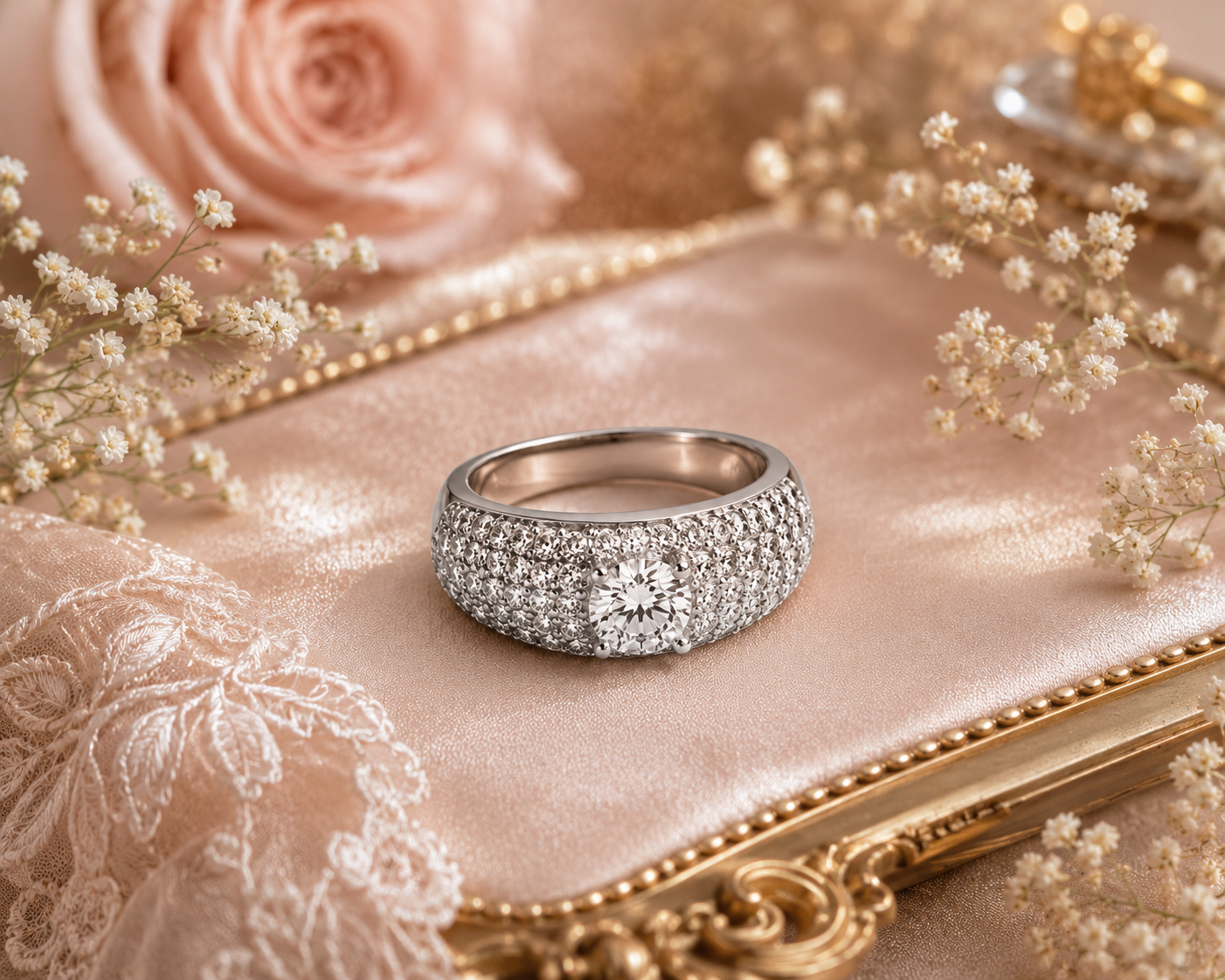 Classic Round Solitaire Ring with Pavé Zircon Band Solid Sterling Silver