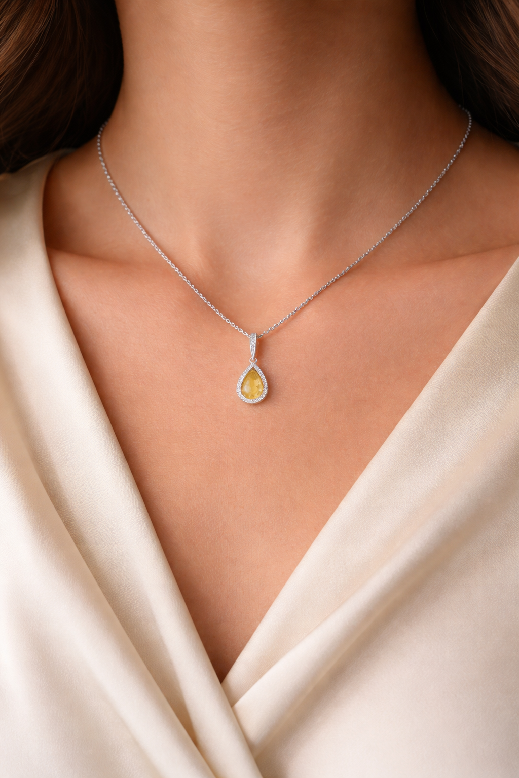 Citrine Pear Halo Pendant Real Diamond Solid White Gold 18" 46cm Length Chain