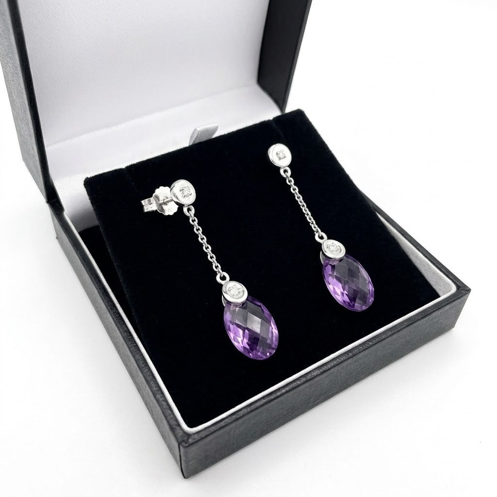 White Gold Amethyst Drop Earrings Diamond Accent Dangle Oval Gemstone Jewelry