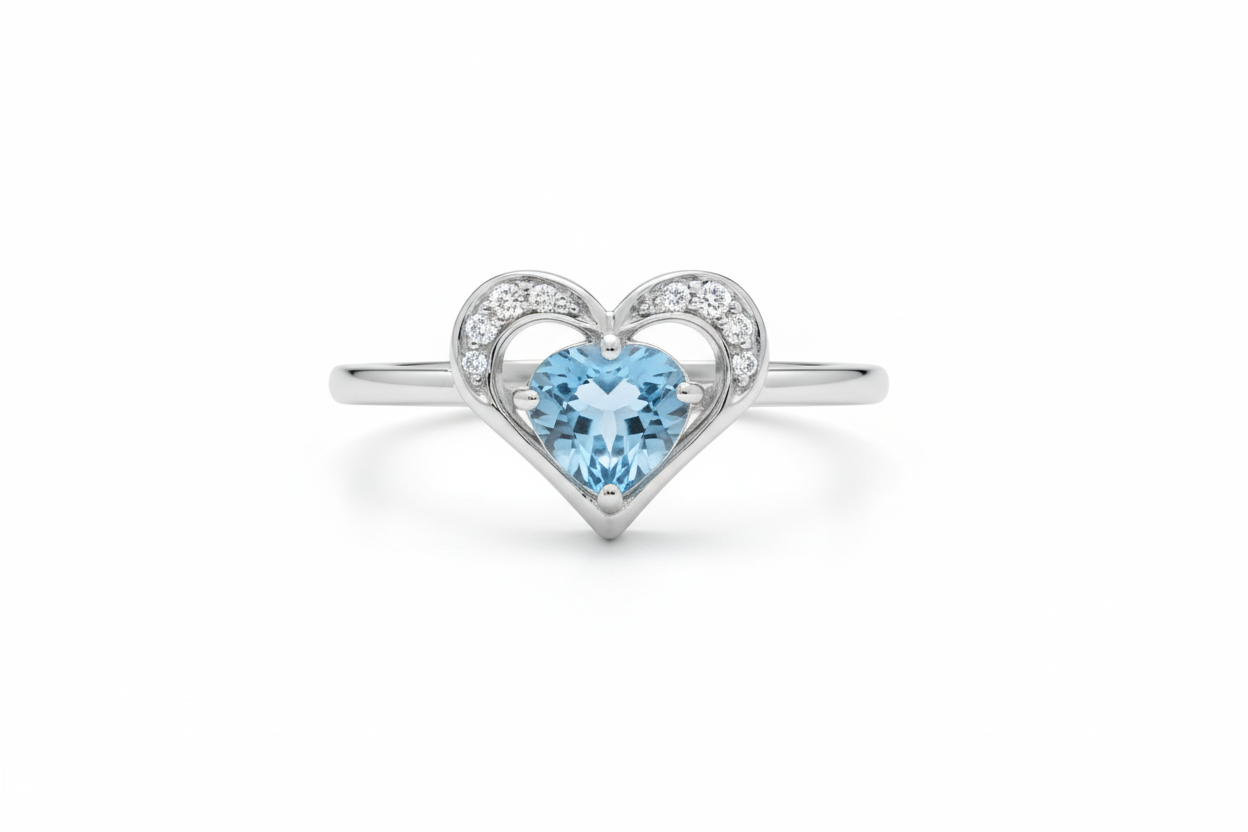 Blue Topaz and Diamond Ring Heart Solid Sterling Silver Ladies