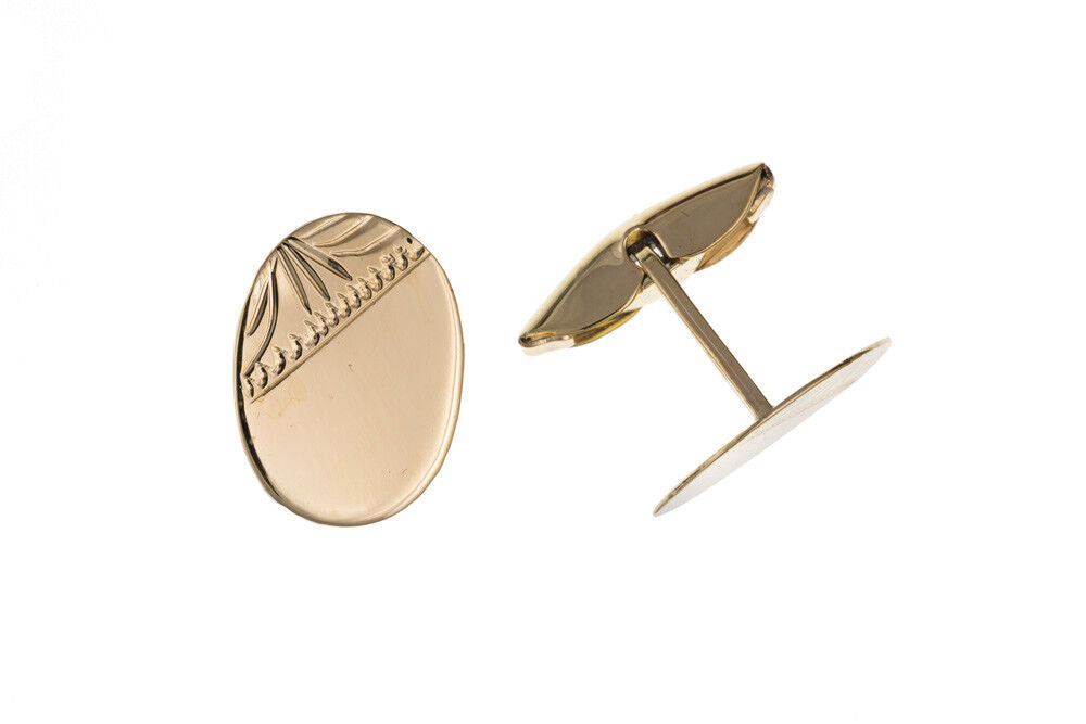 Gold Cufflinks Oval Solid Yellow Gold Half Engraved British Made Hallmarked