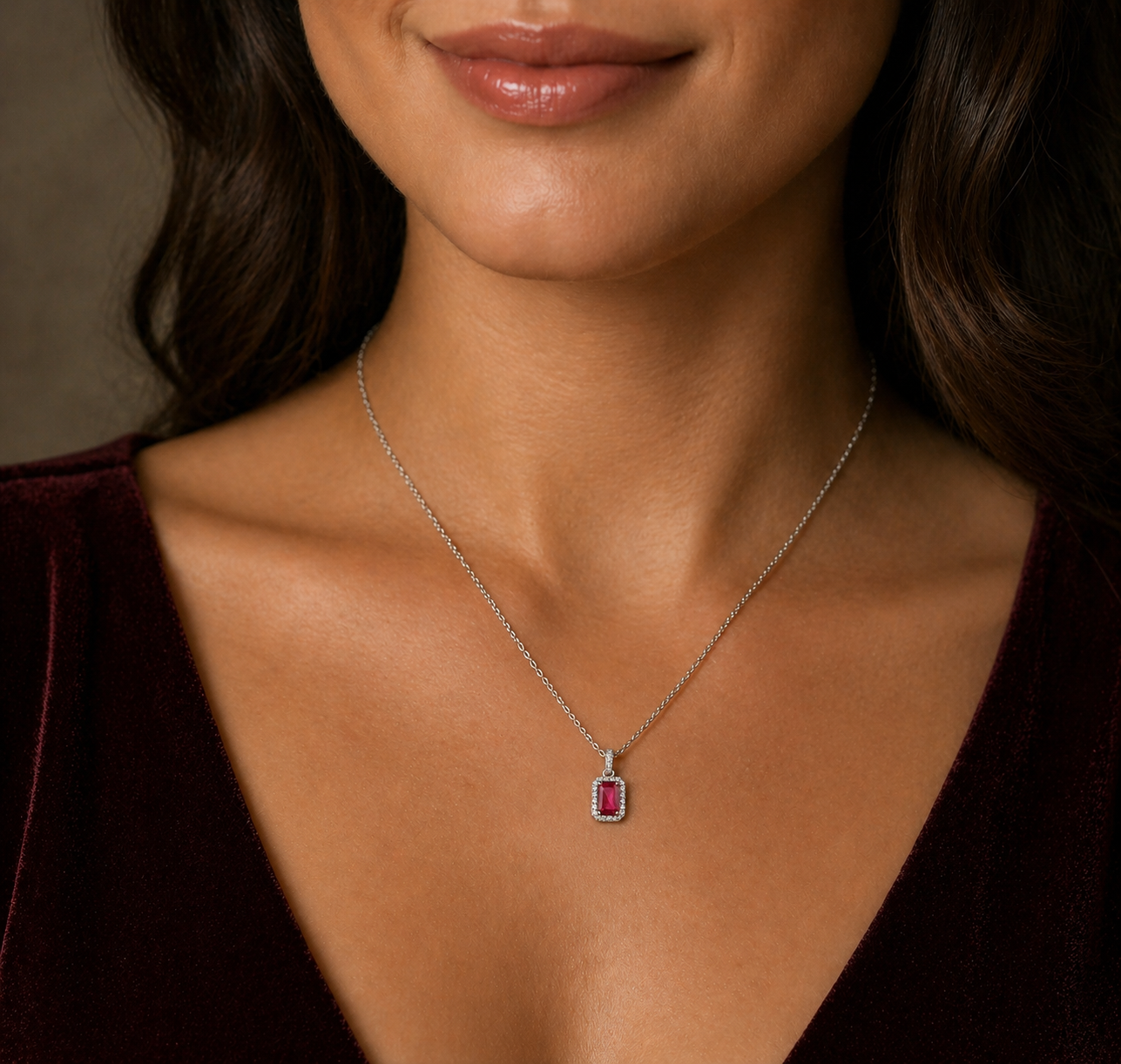 Ruby and Diamond Halo Pendant 18ct White Gold 16" 41cm Length Chain