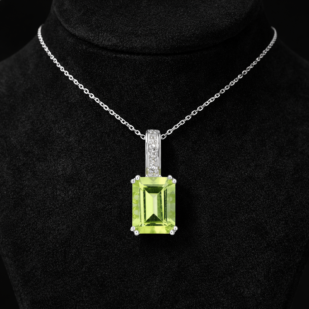 Natural Peridot Pendant With Diamonds 9ct White Gold 18" 46cm Length Chain
