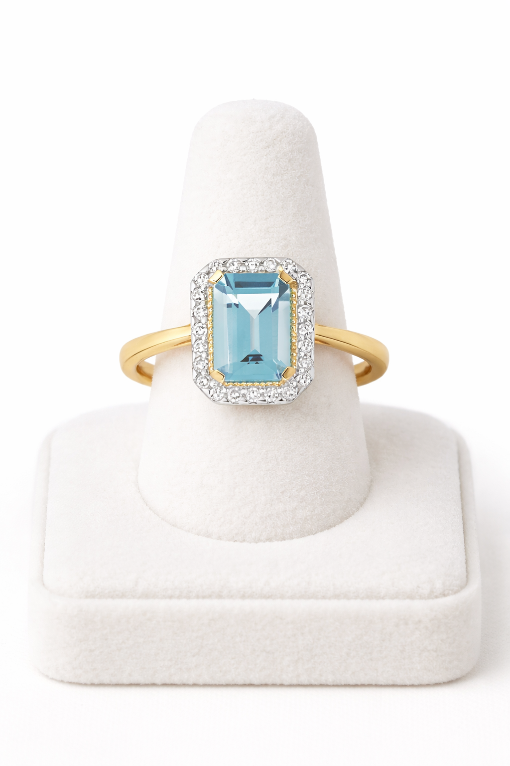 9ct Yellow Gold Blue Topaz and Diamond Ring Emerald Cut Cluster Size JKLMNOPQ