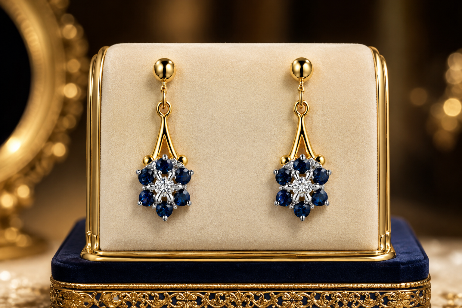 9ct Gold Sapphire & Diamond Cluster Drop Dangle Earrings Vintage Floral Stud