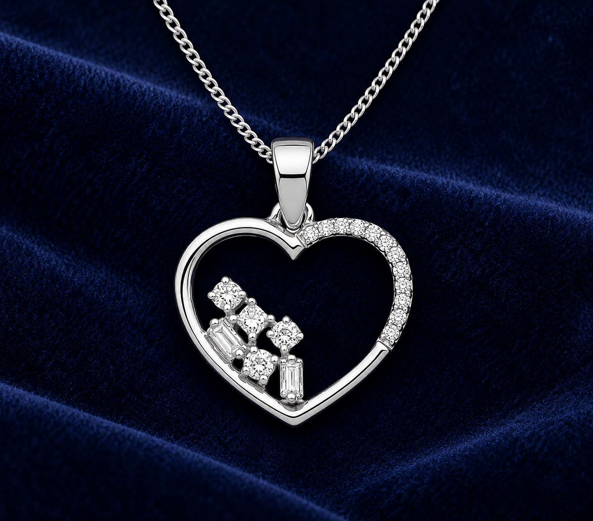 Real Diamond Heart Pendant 9ct White Gold 18" Chain Baguette Princess Round