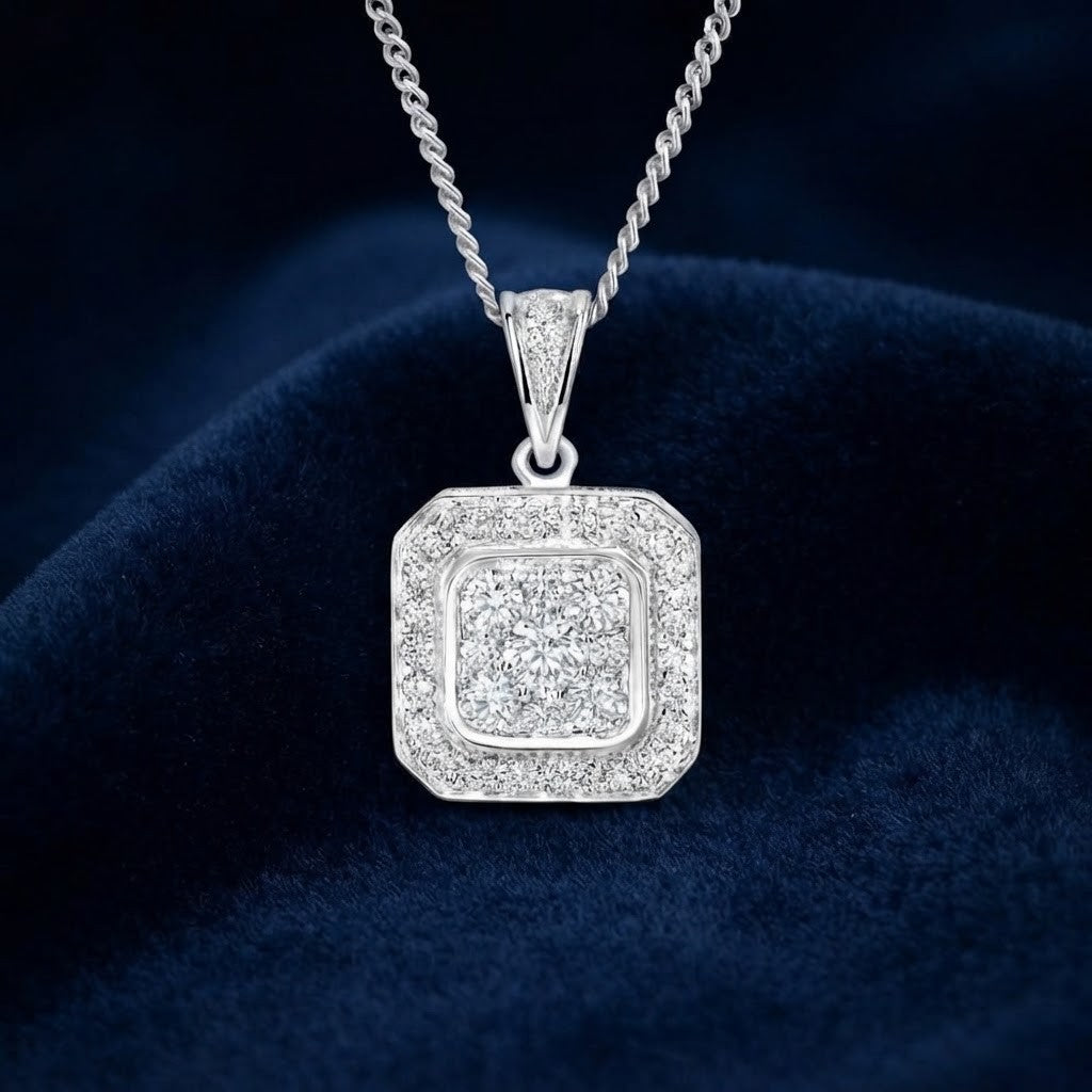 Real Diamond Square Pendant 18ct White Gold 0.50ctw Premium Diamonds 18" / 45cm