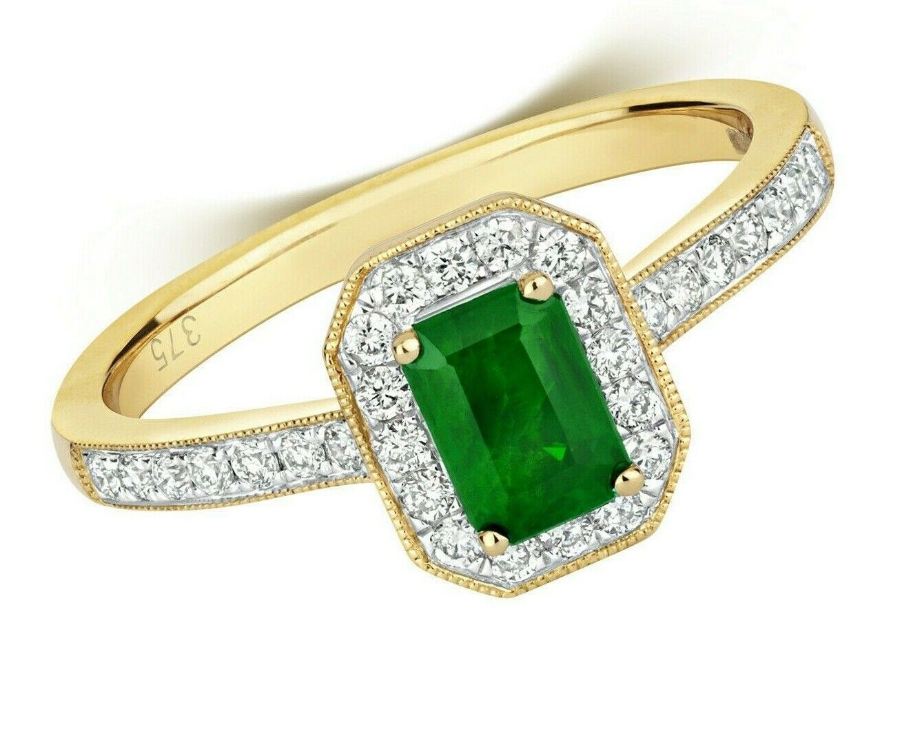 Real Emerald and Diamond Ring 9ct Yellow Gold Octagon Cluster Size J-Q
