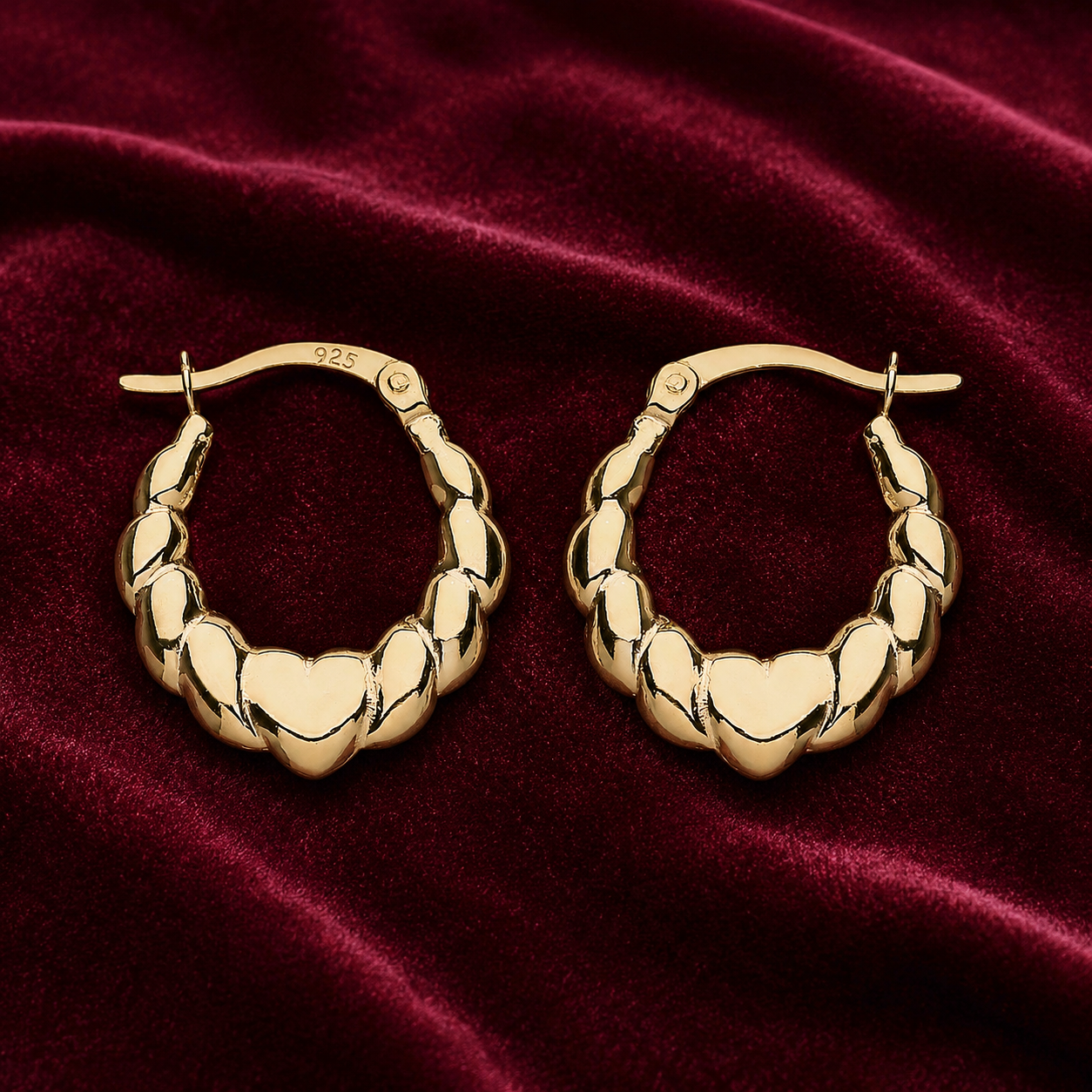 Heart Creole Hoop Earrings 18ct Gold on Sterling Silver 925 Hallmark