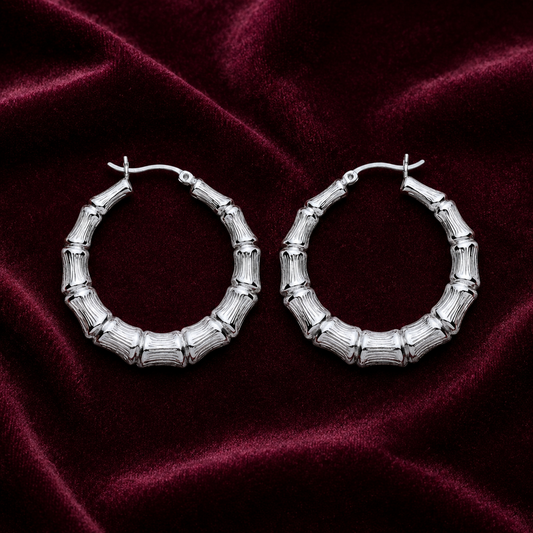 Sterling Silver Bamboo Creole Hoop Earrings 925 Hallmark 36mm