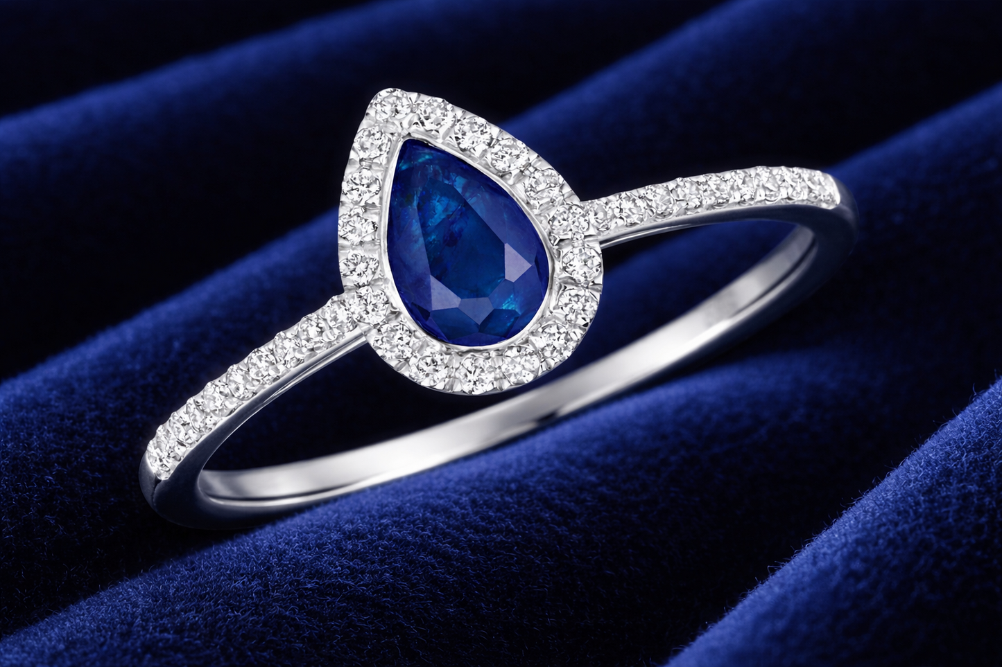 Real Sapphire and Diamond Pear Ring 9ct White Gold Teardrop Cluster Size J - Q