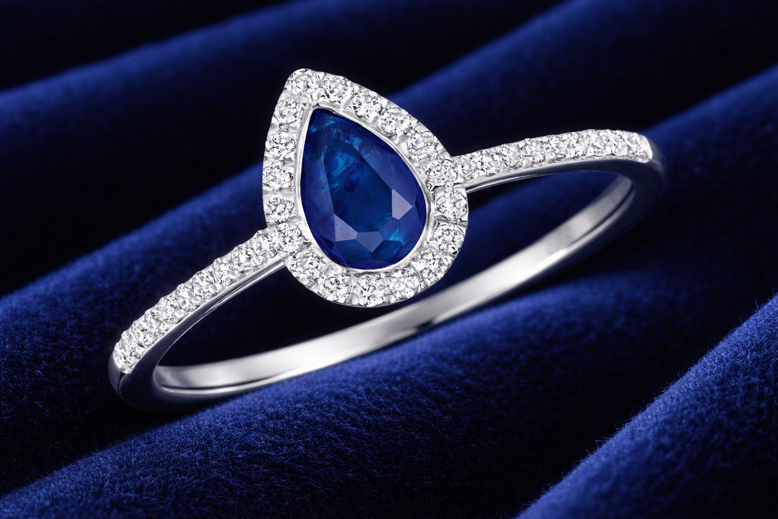Real Sapphire and Diamond Pear Ring 9ct White Gold Teardrop Cluster Size J - Q