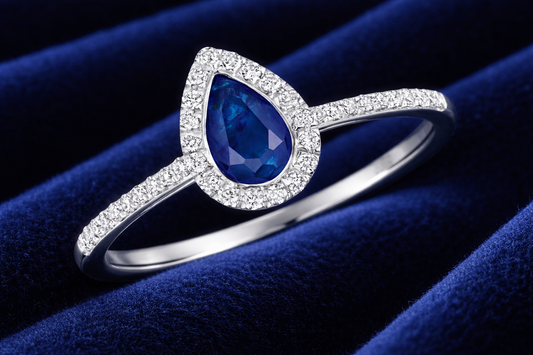Real Sapphire and Diamond Pear Ring 9ct White Gold Teardrop Cluster Size J - Q