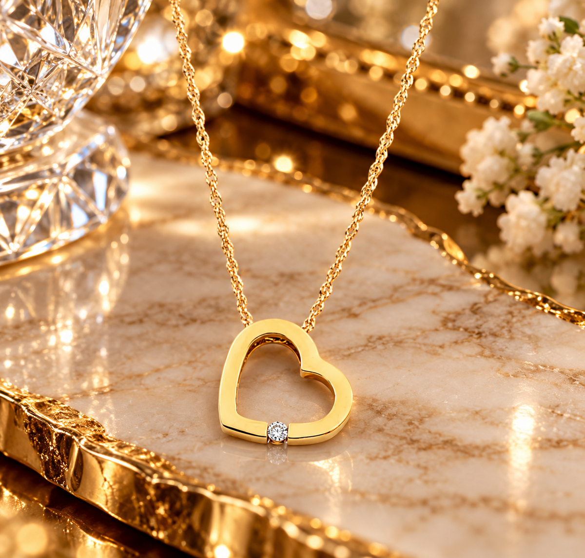 Floating Diamond Heart Pendant Necklace 9ct Yellow Gold 18"  Love Gift for Her