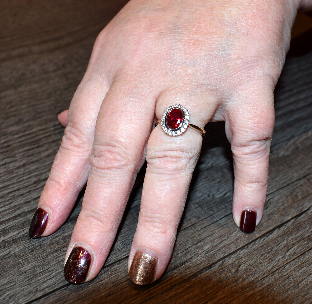 Yellow Gold Ruby Ring White Sapphire Engagement Cluster Dress Hallmarked British