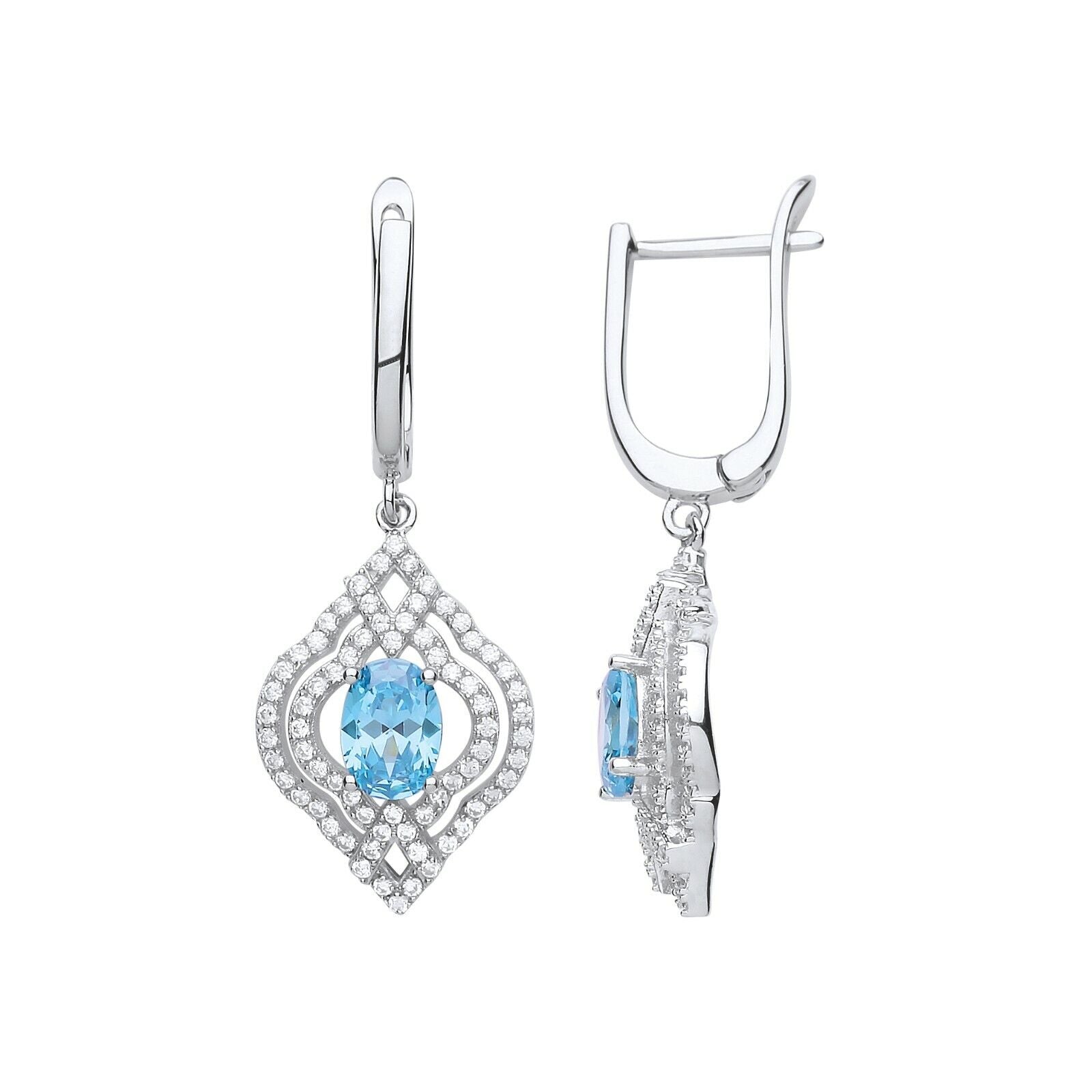 Blue Topaz Leverback Drop Earrings Sterling Silver Rhodium Plated 925 Hallmark