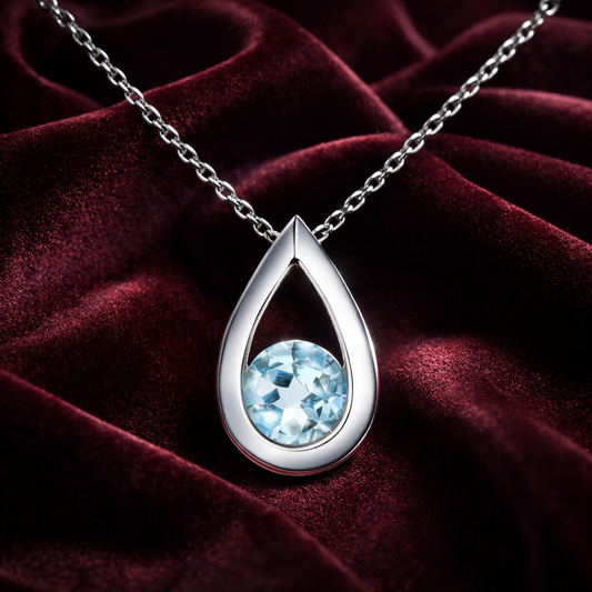 Natural Blue Topaz Teardrop Pendant Solid White Gold 18" 46cm Length Chain