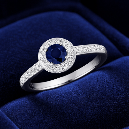 Sapphire and Diamond Ring 9ct White Gold Round Cluster Halo Engagement