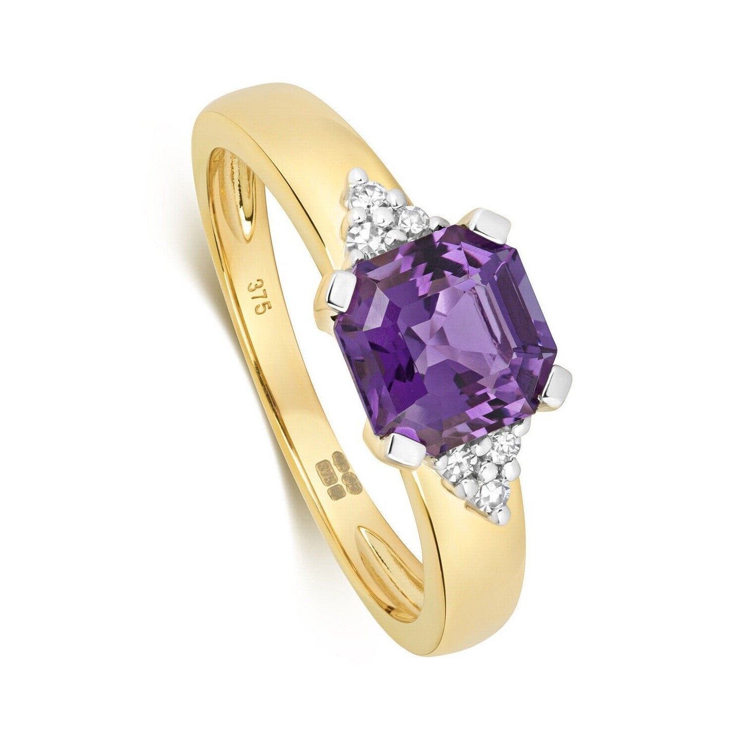 Real Amethyst and Diamond Ring Solid Yellow Gold Asscher Solitaire Size J - Q