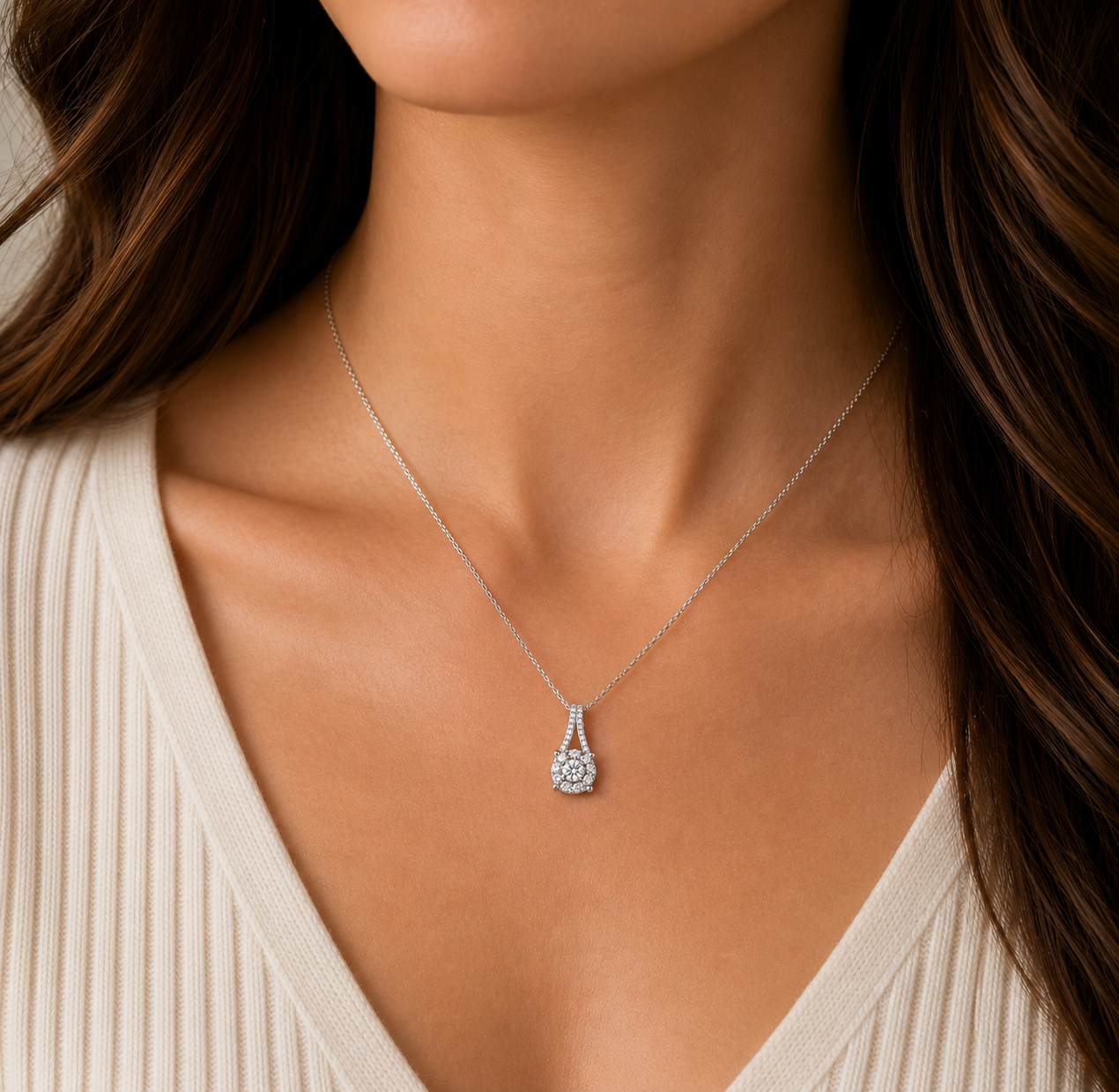 Natural Diamond Cluster Pendant 18ct White Gold 18" Chain Hallmark British Made