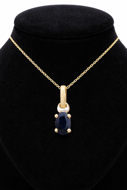 Natural Sapphire Oval Solitaire Pendant Solid Yellow Gold 18" 46cm Length Chain