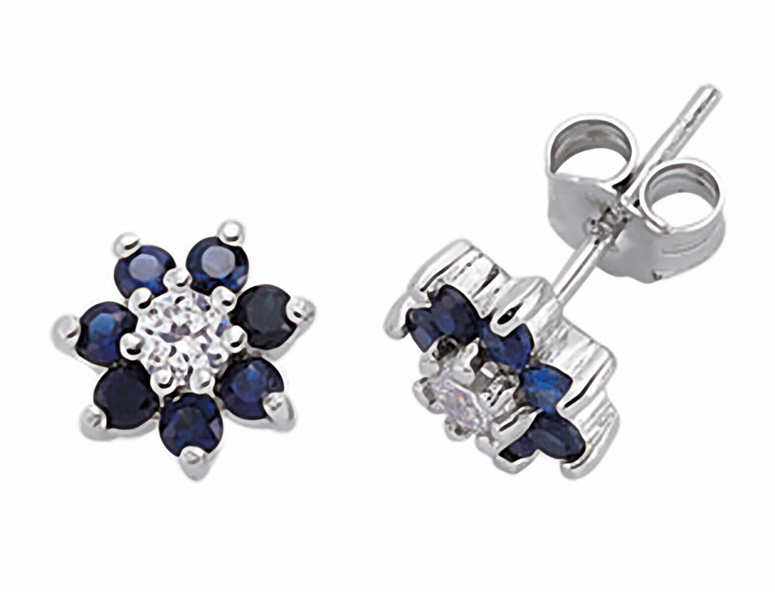 Sapphire Cluster Stud Earrings Sterling Silver Rhodium Plate 925 Hallmark 8mm