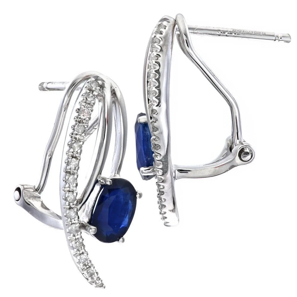 Oval Natural Blue Sapphire and Diamond Stud Earrings 9ct White Gold Omega Clip