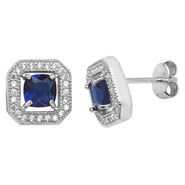 Sapphire Square Stud Earrings Sterling Silver Rhodium British Made Hallmark 925
