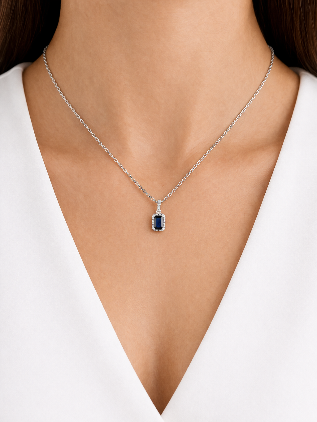 Sapphire and Diamond Halo Pendant 18ct White Gold 16" 41cm Length Chain