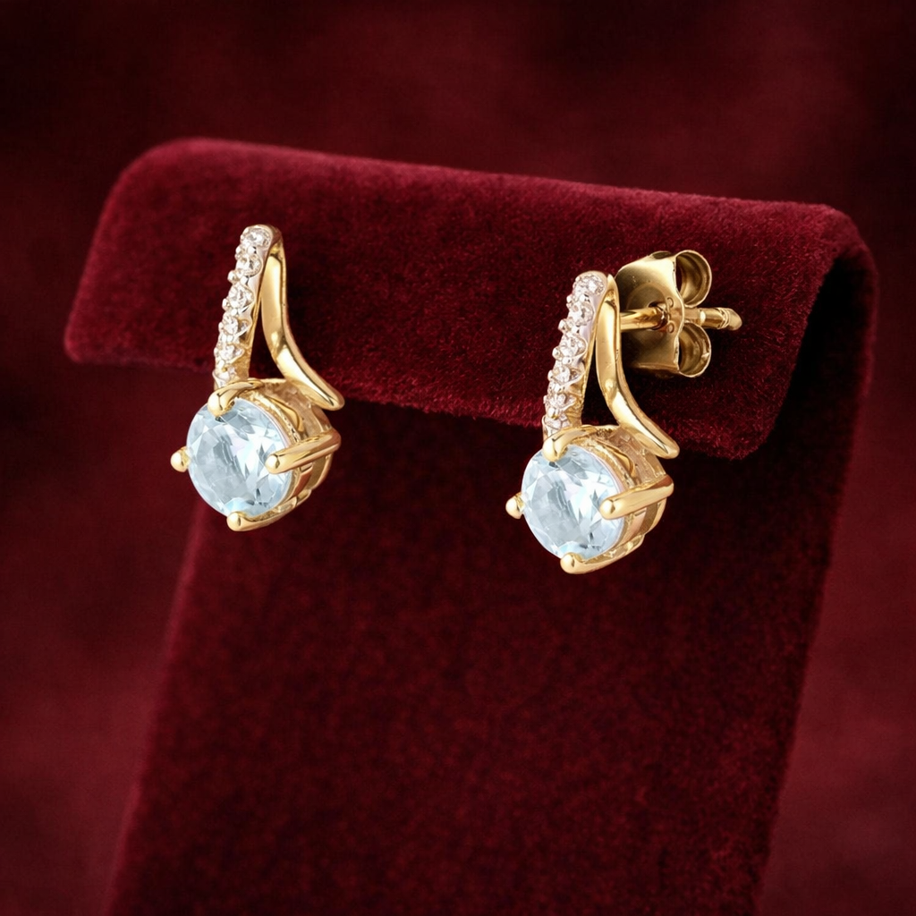 Sky Blue Topaz and Diamond Earrings Solid 9ct Yellow Gold Drops Hallmarked
