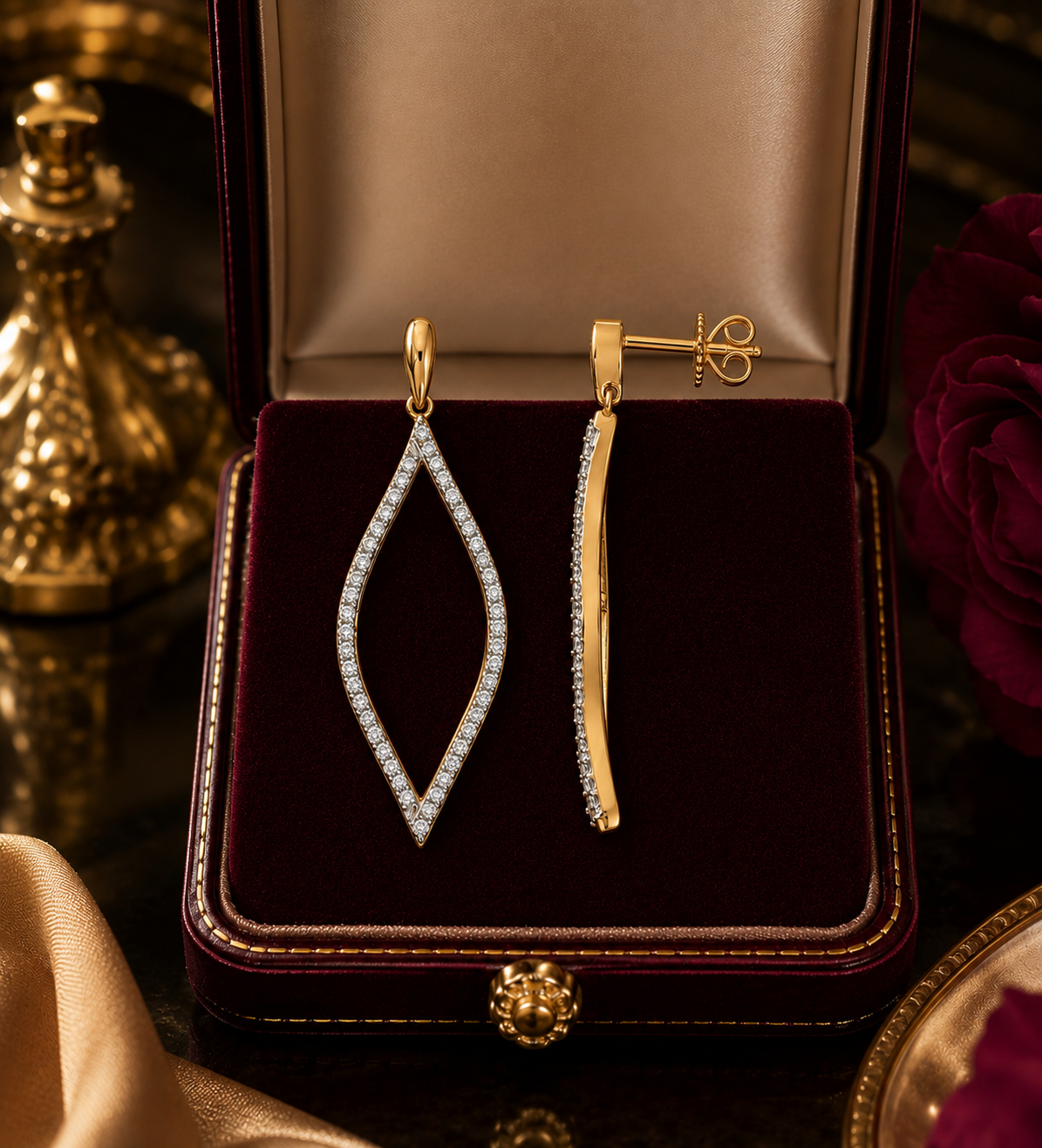 9ct Yellow Gold Diamond Drop Earrings 30mm Teardrop Open Marquise Ladies Gift