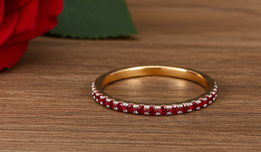 18ct Gold Ruby Full Eternity Ring on Solid Sterling Silver 925 Hallmark