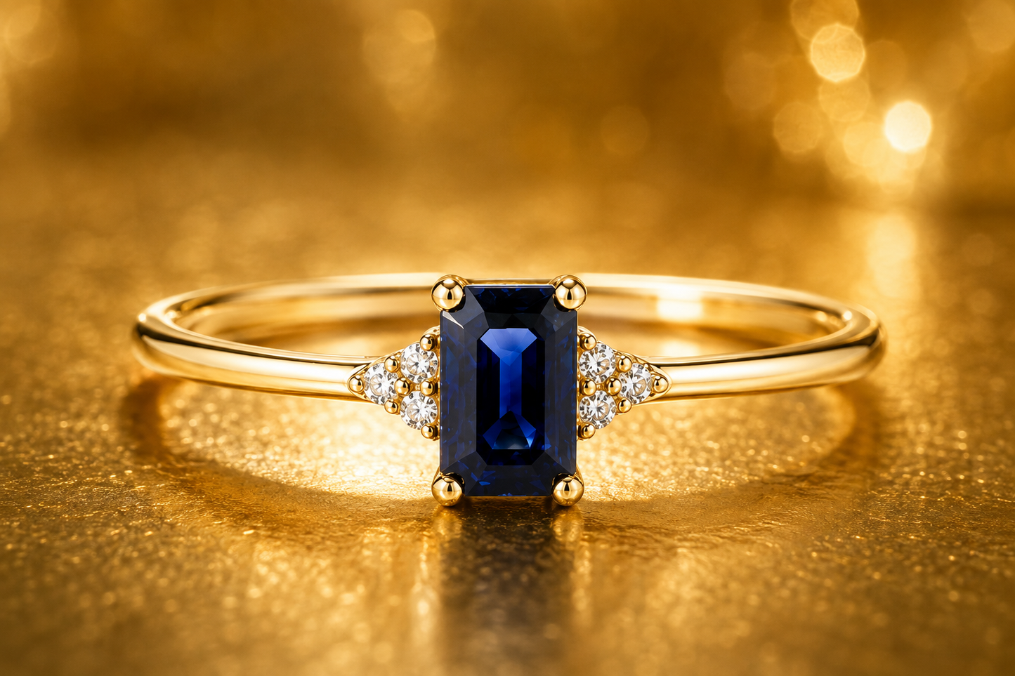 Sapphire Emerald Cut Solitaire Ring Real Diamond Accents 9ct Yellow Gold