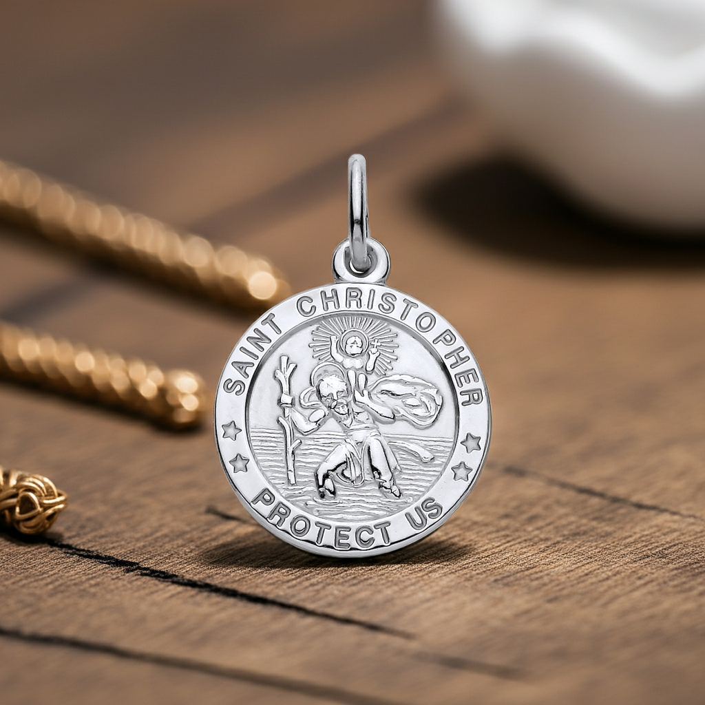 Sterling Silver St Christopher Protect Us Pendant 925 Hallmark 16mm