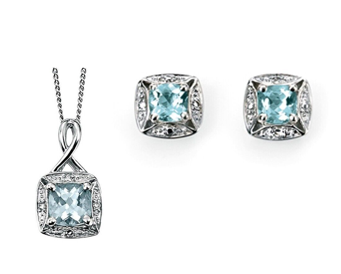 Aquamarine and Diamond Set Solid White Gold Pendant Earrings 16, 18 or 20" Chain