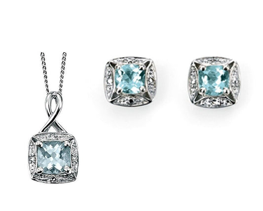 Aquamarine and Diamond Set Solid White Gold Pendant Earrings 16, 18 or 20" Chain