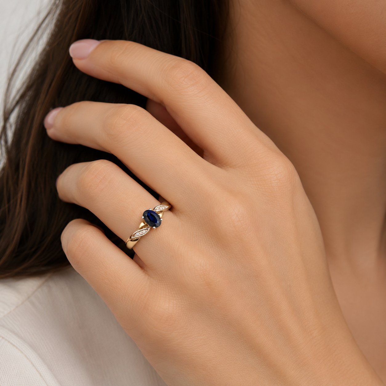 Sapphire & Diamond Oval Gemstone Ring Two Tone Yellow & White Gold Hallmarked