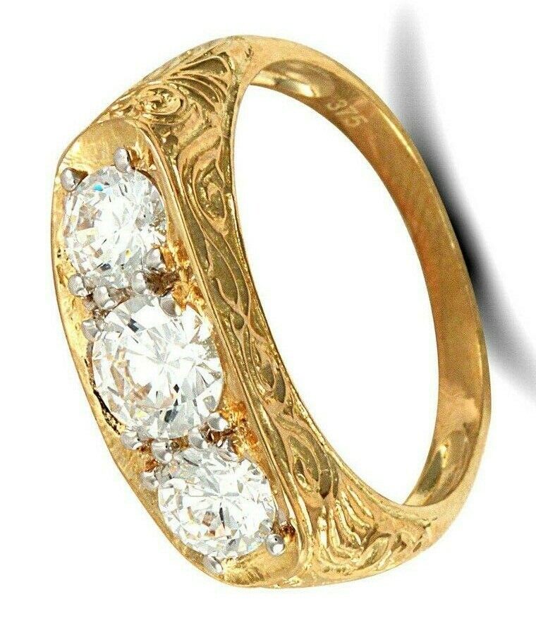 9ct Yellow Gold Gents Three Stone Ring Trilogy Fully Hallmarked