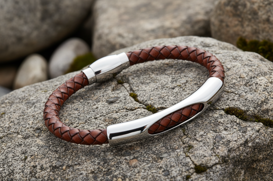 Fred Bennett Woven Brown Leather and Stainless Steel Section Bracelet 21cm B5280