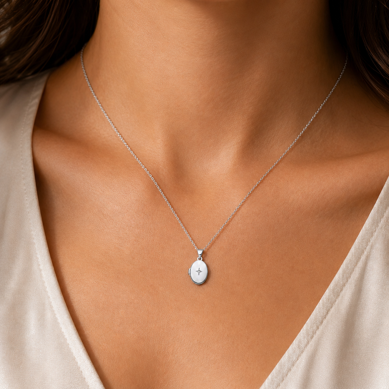 Small Oval Locket Pendant with Natural Diamond Solid Sterling Silver 18" Chain