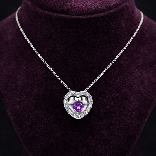Amethyst Heart Necklace With Diamond Solid White Gold 18" 46cm Length Chain