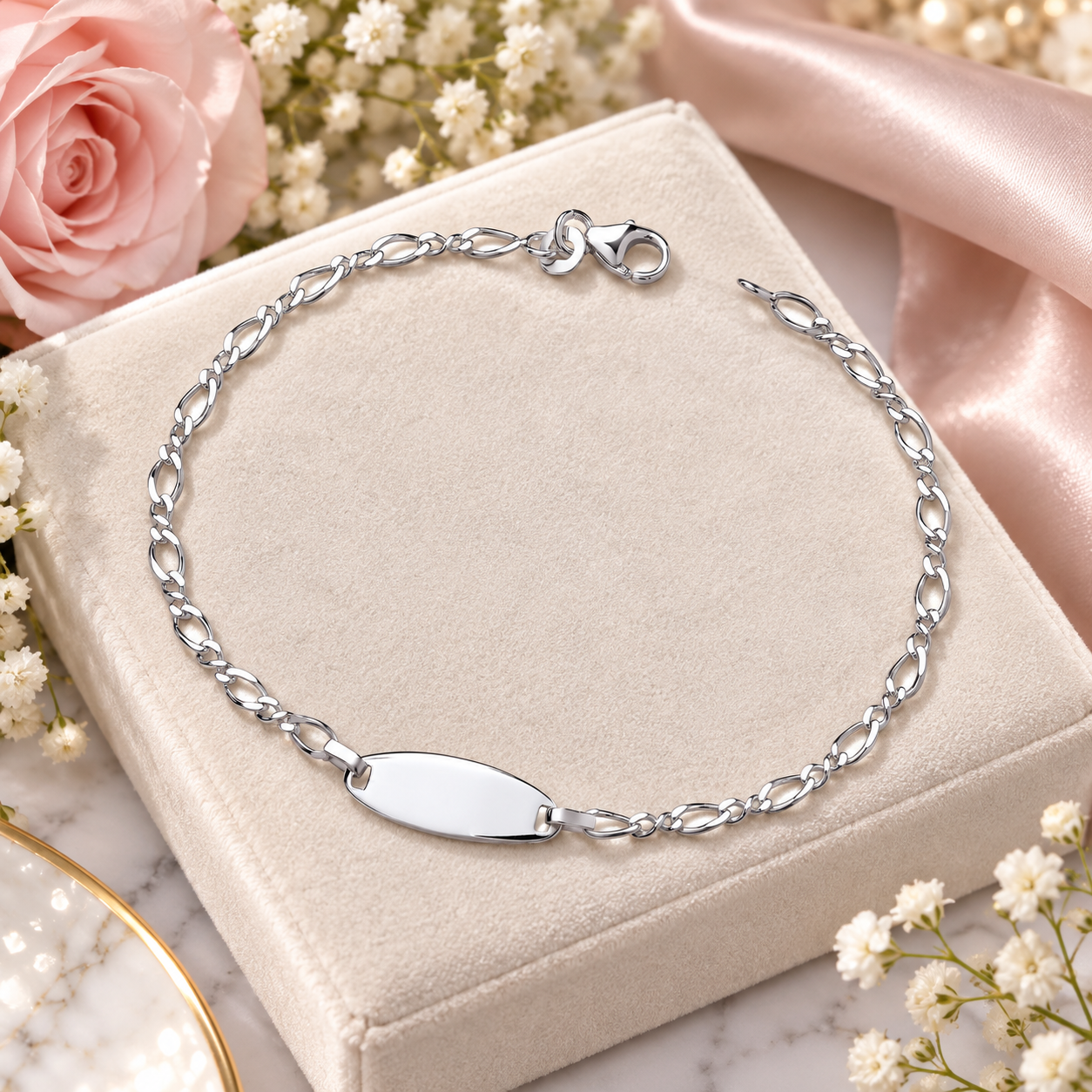 Sterling Silver Figaro Chain ID Bracelet with Oval Name Plate & Lobster Clasp