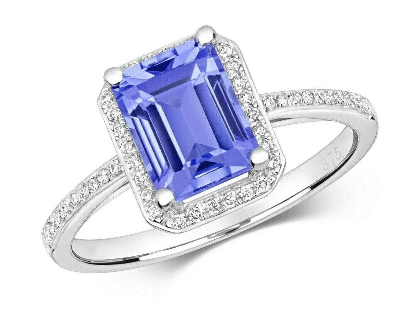 Real Tanzanite and Diamond Ring 9ct White Gold Emerald Cut Engagement Size J - Q