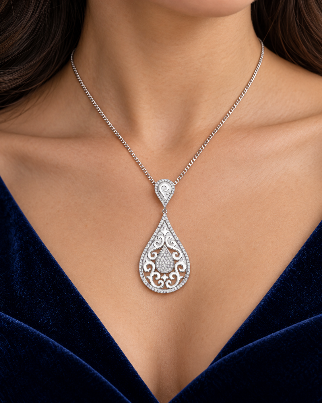 Diamond Filigree Teardrop Pendant Necklace 18" Chain 0.25ctw Genuine Diamonds
