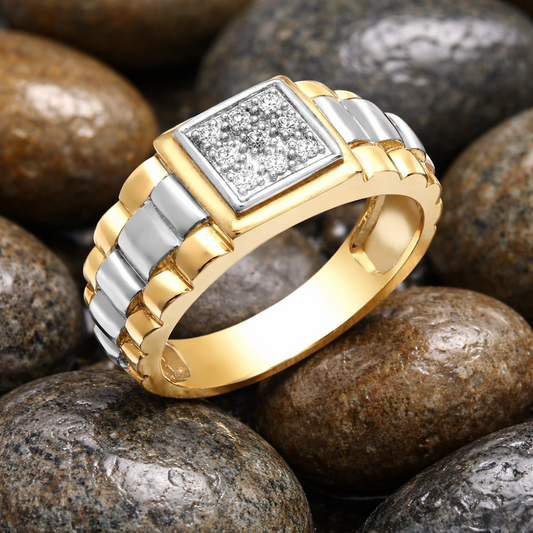 Men's Natural Diamond Ring Solid Yellow and White Gold 0.15ctw Diamonds